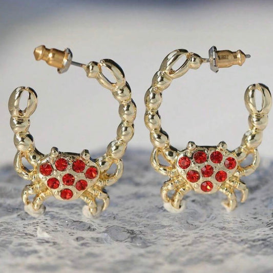 Sparkly, Red and Gold Crab Earrings