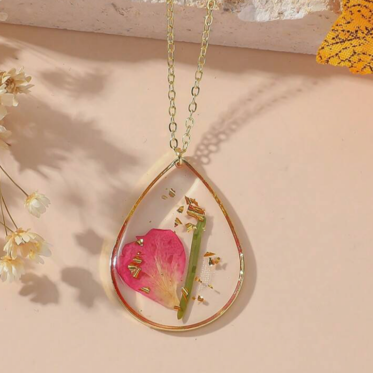 Pink Bloom Pressed Flower Necklace, Waterdrop