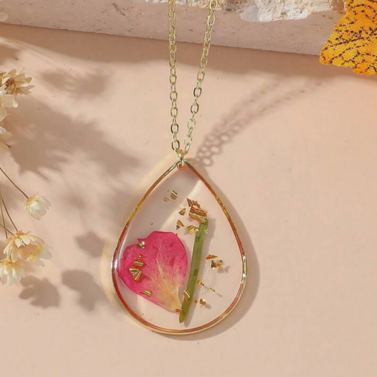 Pink Bloom Pressed Flower Necklace, Waterdrop