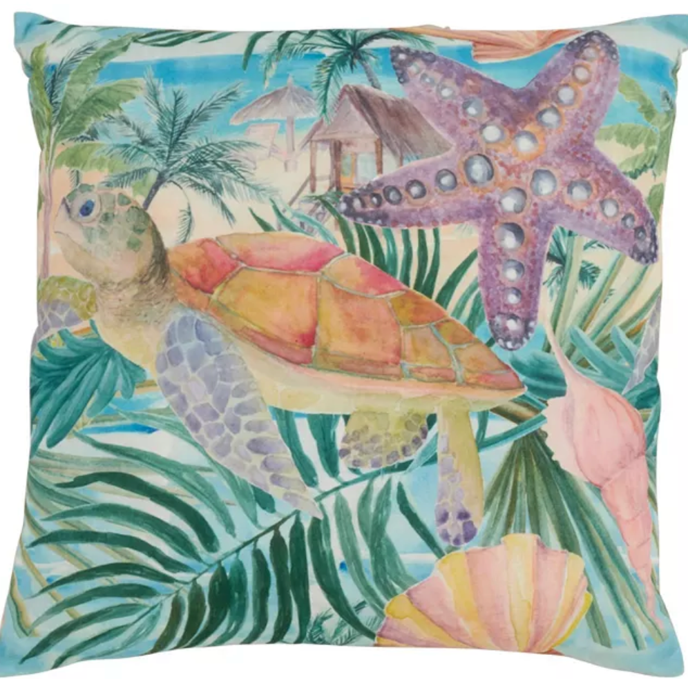 Tropical Turtle Pillow with Starfish, 18" x 18"
