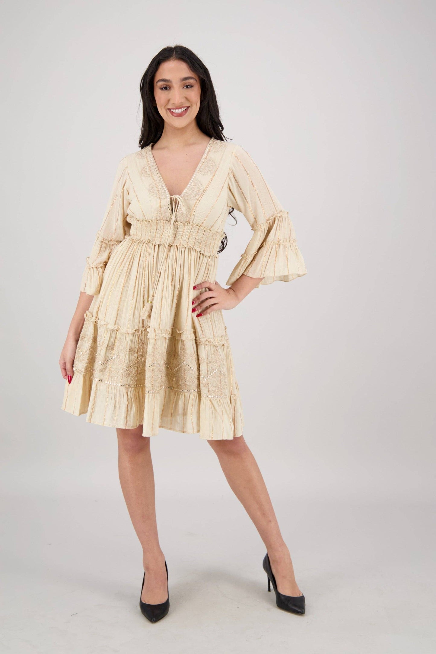 Boho Long-Sleeve Tassel Midi Dress