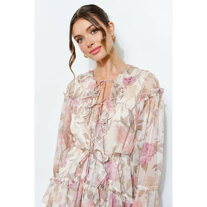 Cream Floral Print Frill Chiffon Wrap Mini Dress