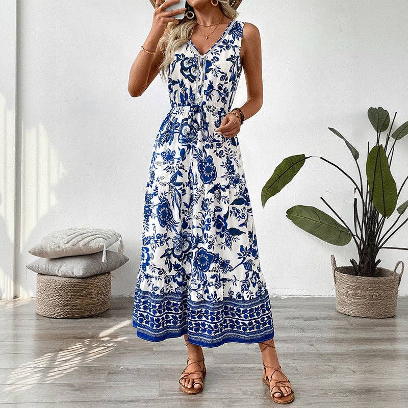 Boho Blue Floral Maxi Dress