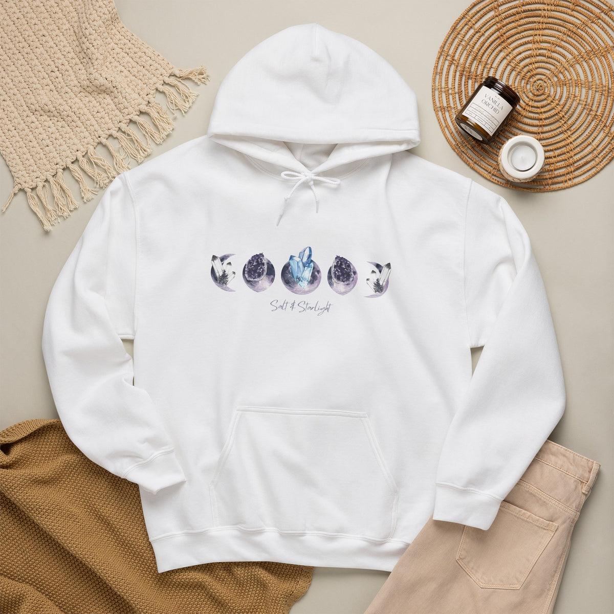 Salt & Starlight hooded sweatshirt in white, flat lay front view