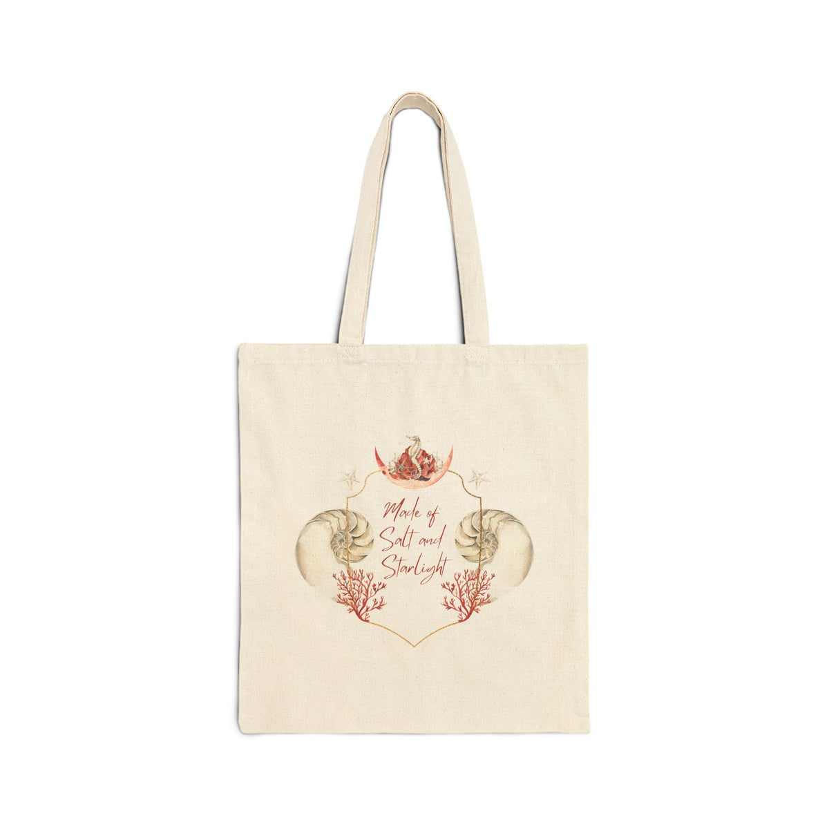 Salt & Starlight canvas tote, front view with shell and coral heart design