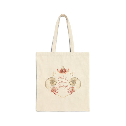 Salt & Starlight canvas tote, front view with shell and coral heart design