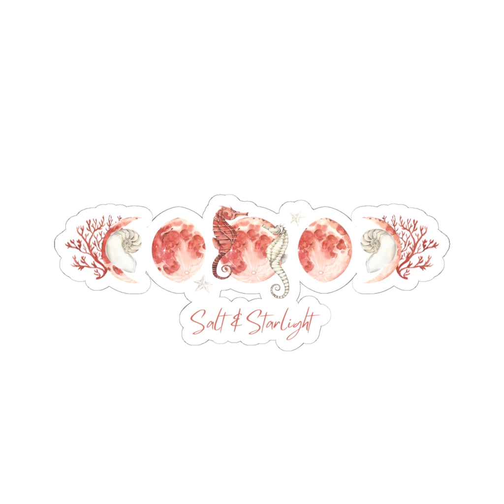Salt & Starlight kiss-cut sticker with seahorse and coral moon phase design, front view