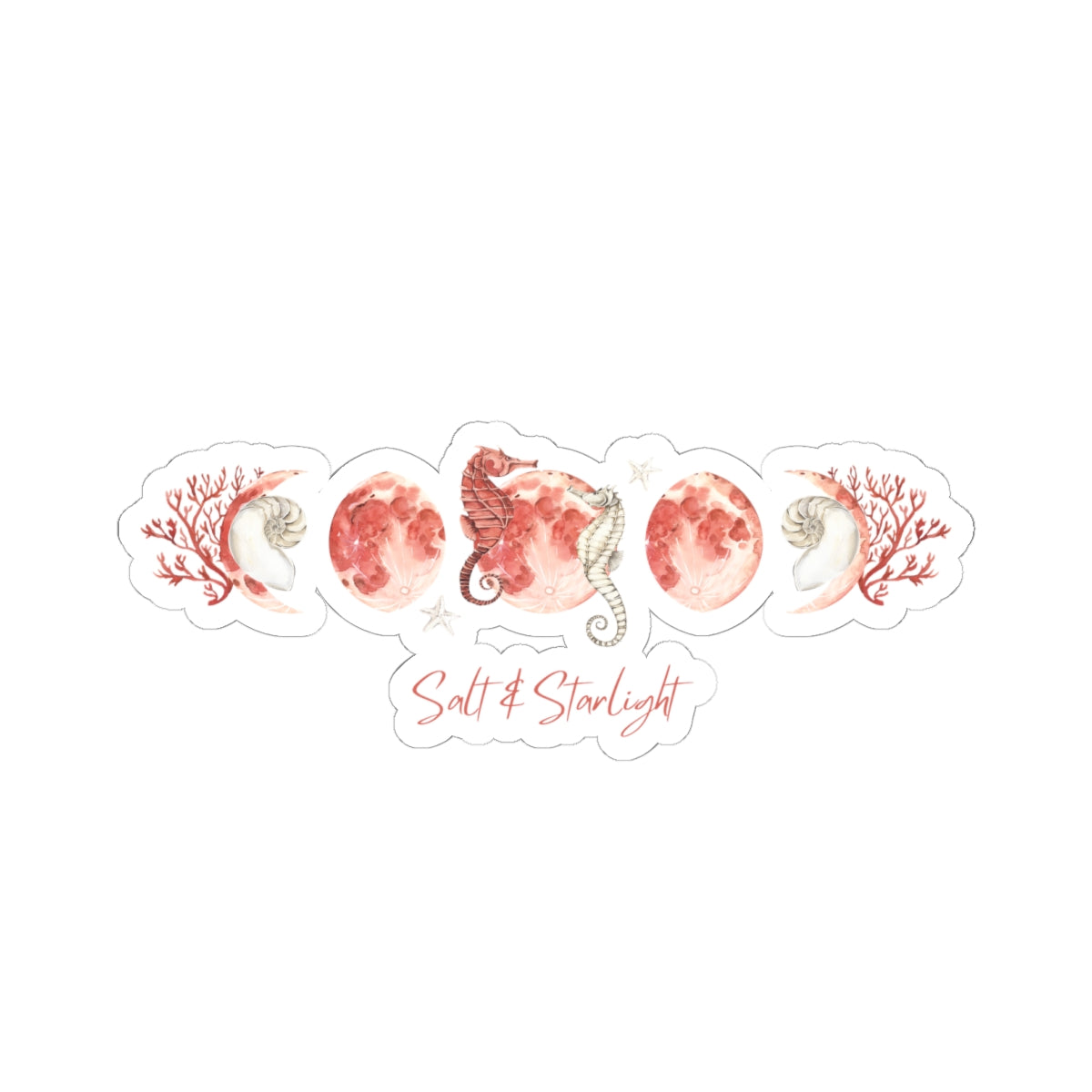 Salt & Starlight kiss-cut sticker with seahorse and coral moon phase design, front view
