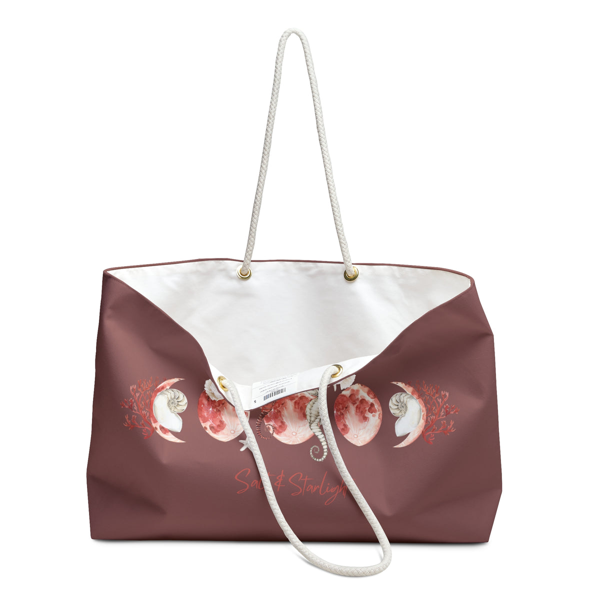 Salt & Starlight oversized weekender bag in dusty rose, open view showing the white interior
