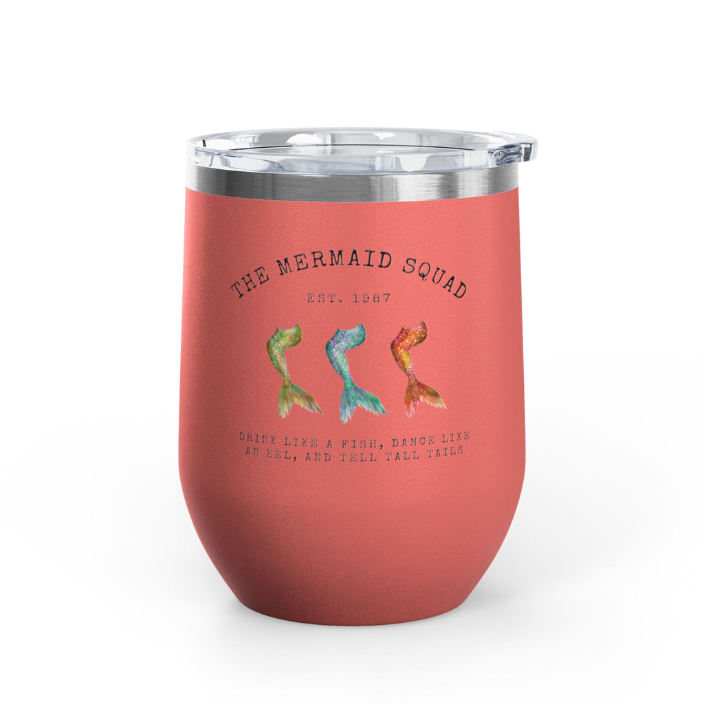 The Mermaid Squad 12oz wine tumbler in coral, front view