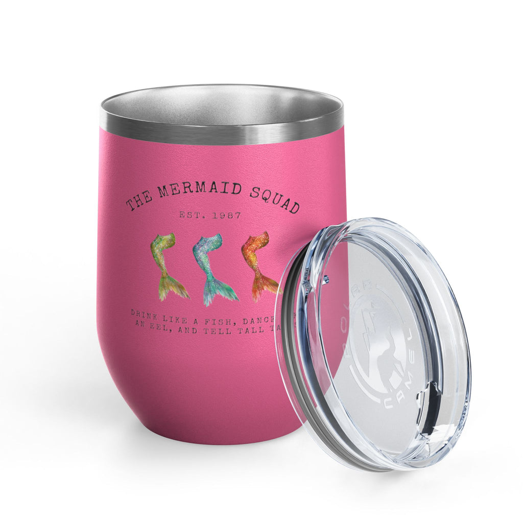 The Mermaid Squad 12oz wine tumbler in pink, front view with lid removed
