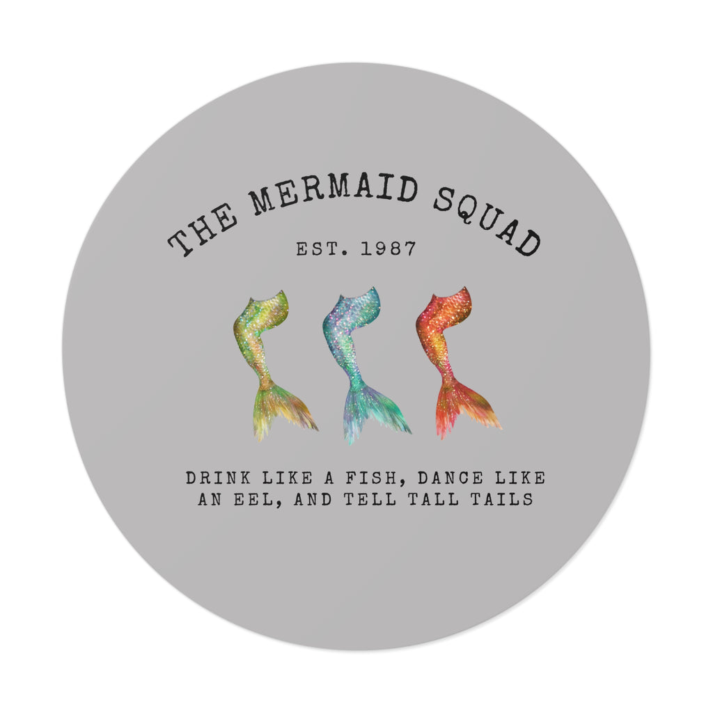 The Mermaid Squad round vinyl sticker in grey, front view