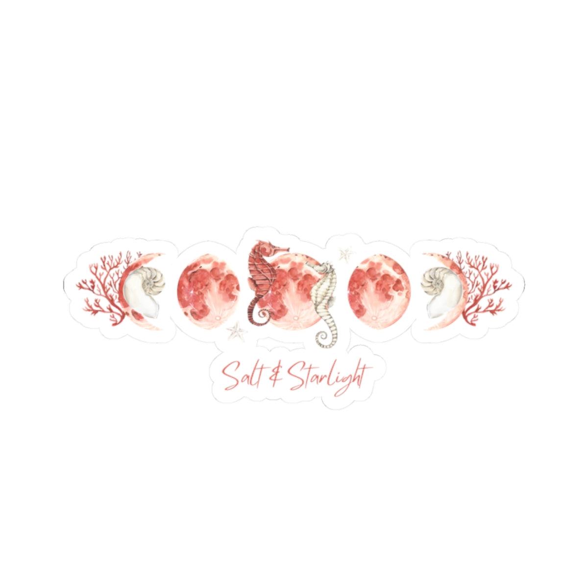 Salt & Starlight kiss-cut sticker with seahorse and coral moon phase design, front view