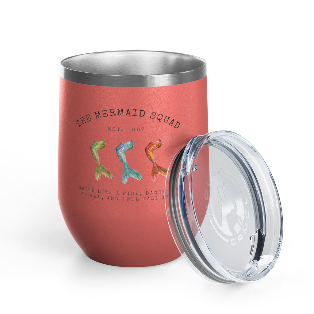The Mermaid Squad 12oz wine tumbler in coral, front view with lid removed