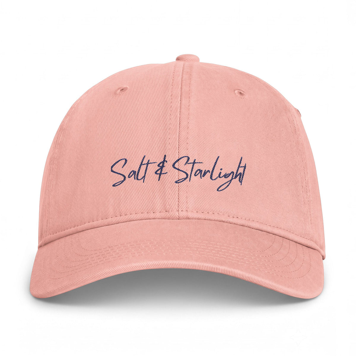 Salt & Starlight washed cap in peachy, front view with embroidered script