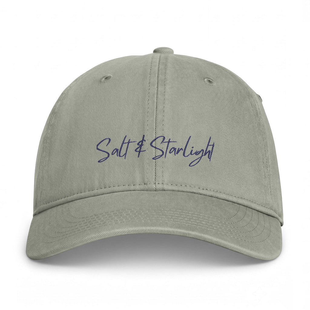 Salt & Starlight washed cap in sandstone, front view with embroidered script