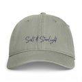 Salt & Starlight washed cap in sandstone, front view with embroidered script