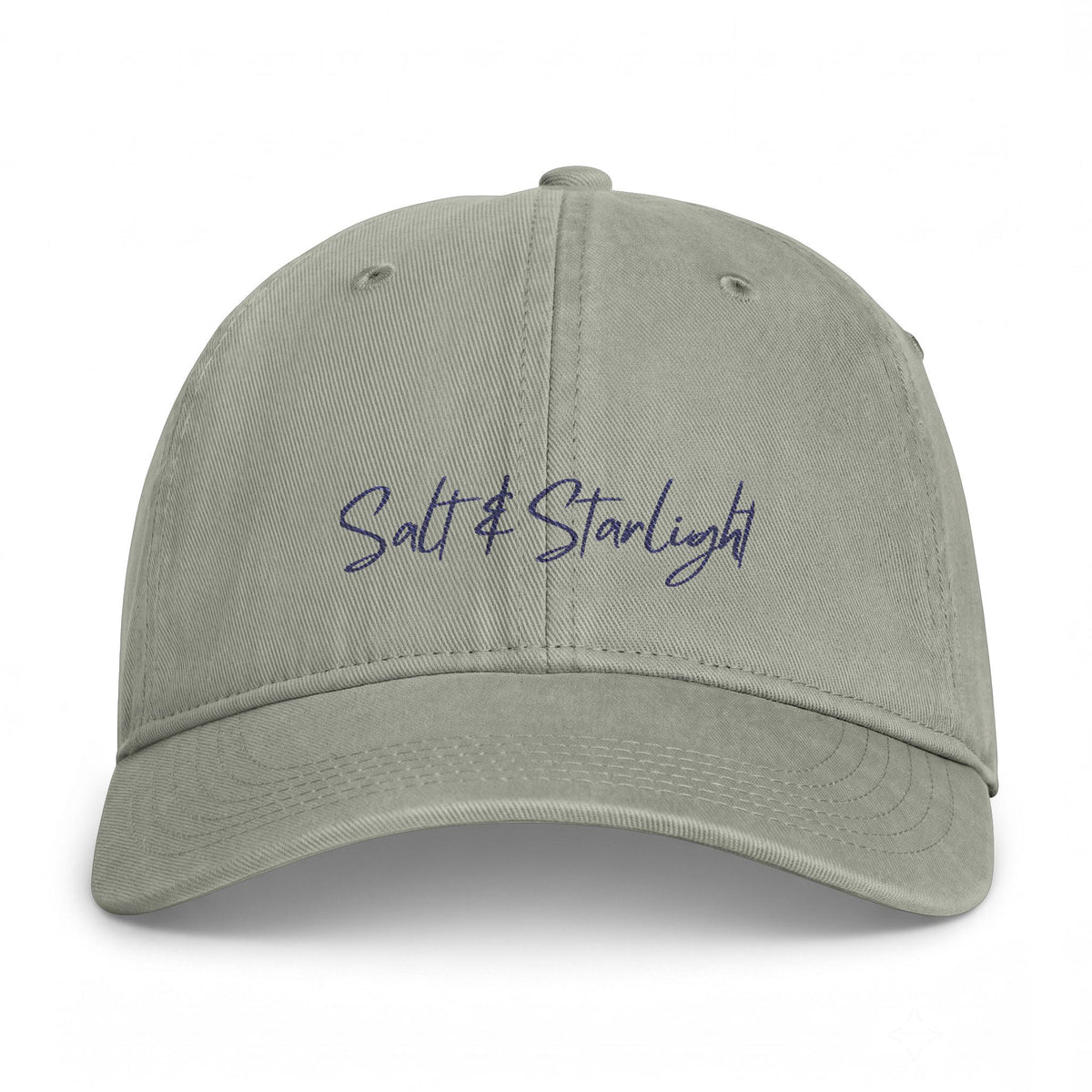 Salt & Starlight washed cap in sandstone, front view with embroidered script