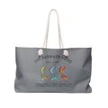 The Mermaid Squad oversized weekender bag in grey, front view with three colorful mermaid tails design