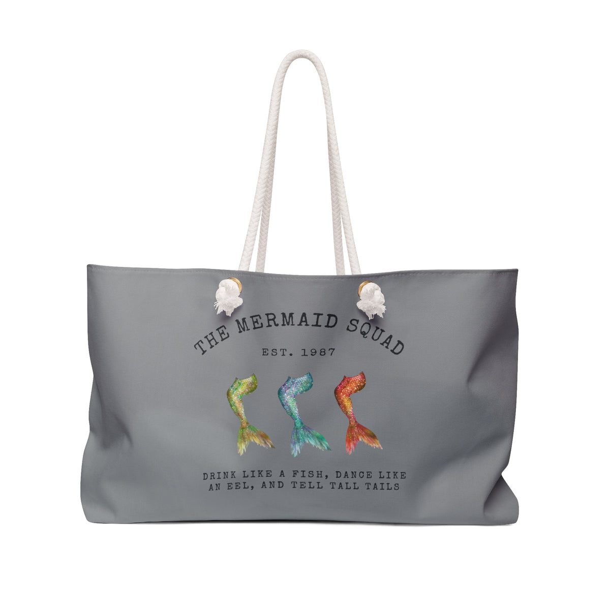 The Mermaid Squad oversized weekender bag in grey, front view with three colorful mermaid tails design