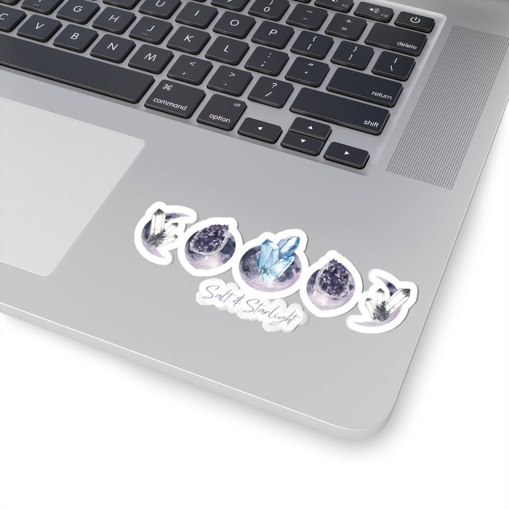Salt & Starlight kiss-cut sticker with crystal moon phase design, shown on a laptop, alternate view