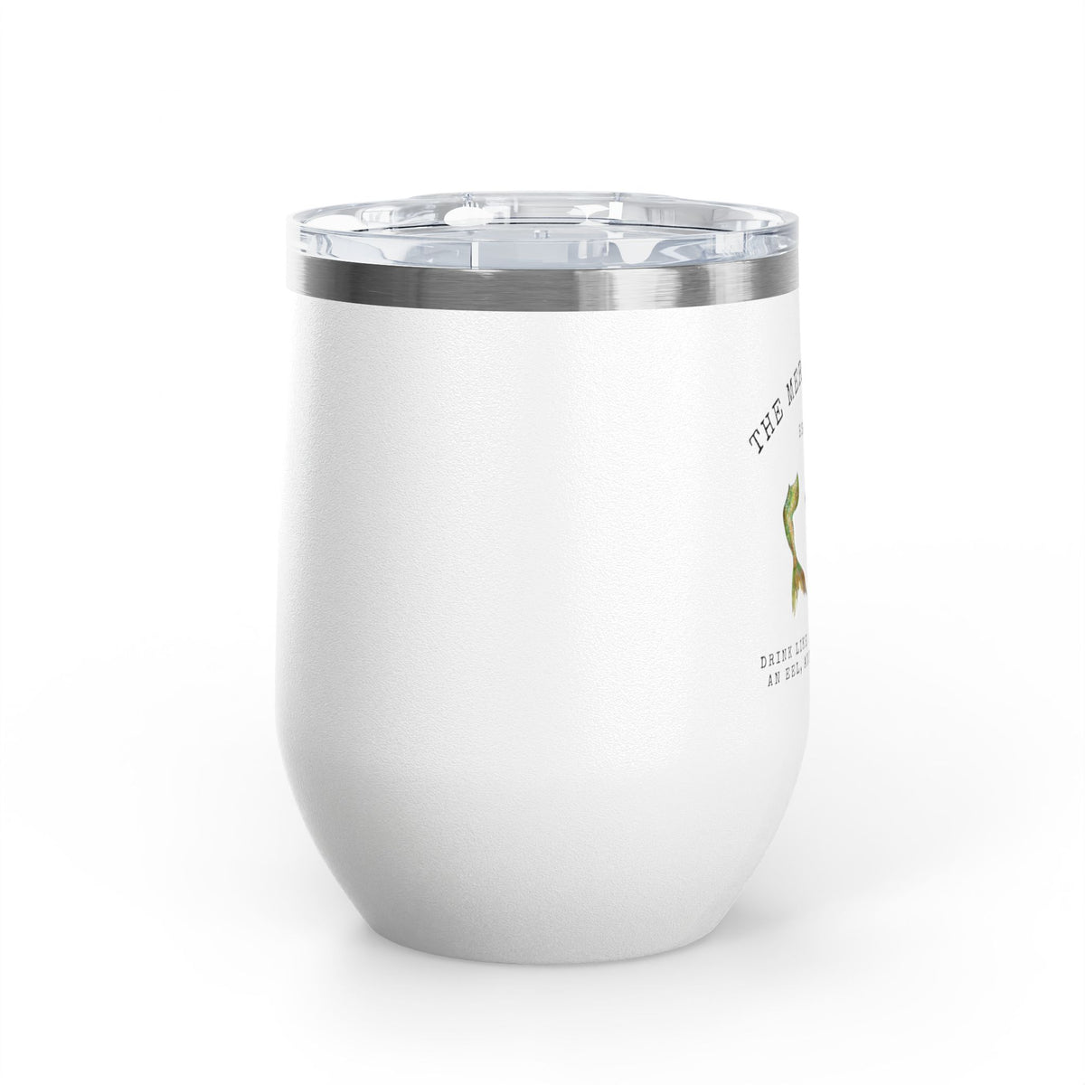 The Mermaid Squad 12oz wine tumbler in white, side view, alternate angle