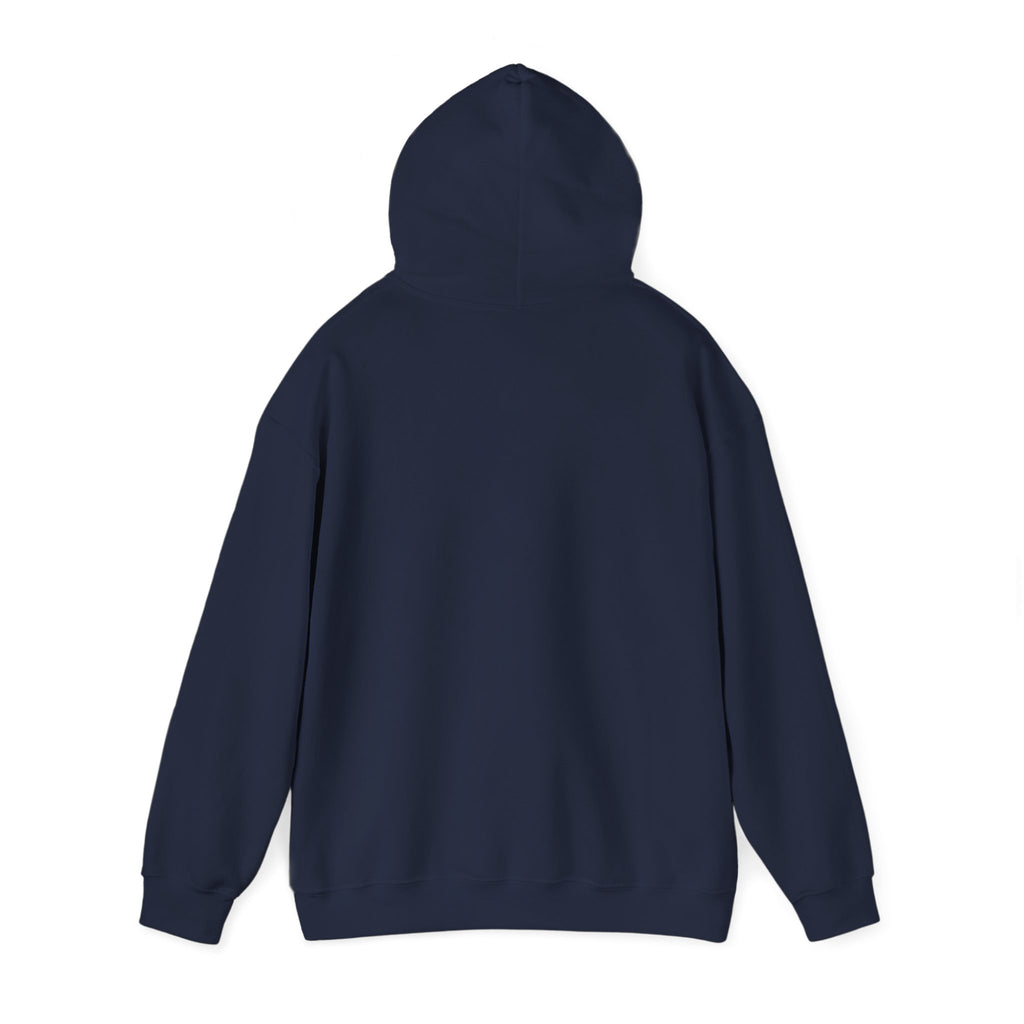 Salt & Starlight hooded sweatshirt in navy, back view with hood up