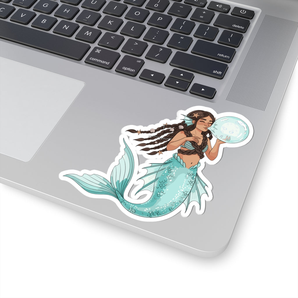 Mermaid with Bubble Kiss-Cut Sticker — Teal Fantasy Ocean Decal