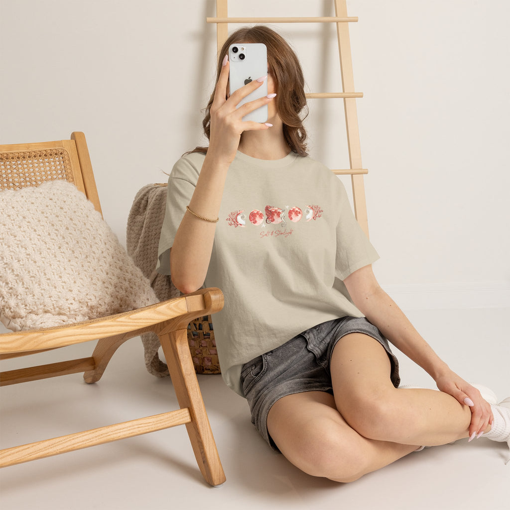 Salt & Starlight heavy cotton tee in sand, worn by a model
