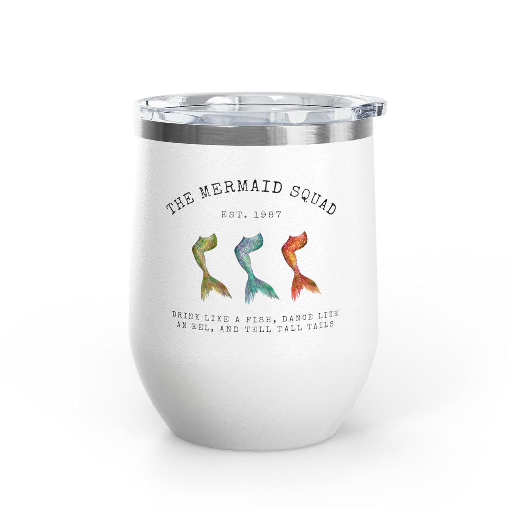 The Mermaid Squad 12oz wine tumbler in white, front view