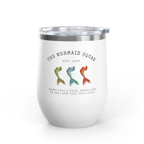 The Mermaid Squad 12oz wine tumbler in white, front view