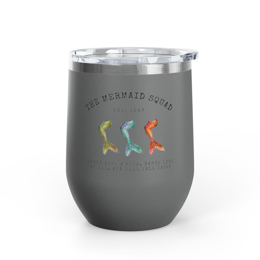 The Mermaid Squad 12oz wine tumbler in iron gray, front view