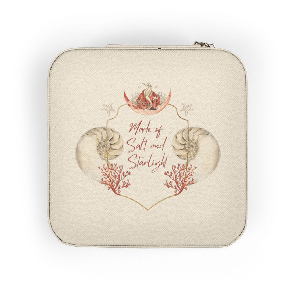 Salt & Starlight jewelry travel case in ivory, front view with shell and coral design