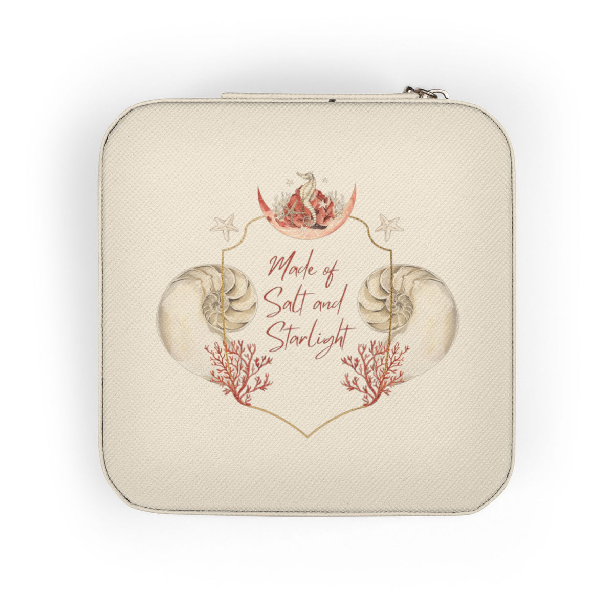 Salt & Starlight jewelry travel case in ivory, front view with shell and coral design