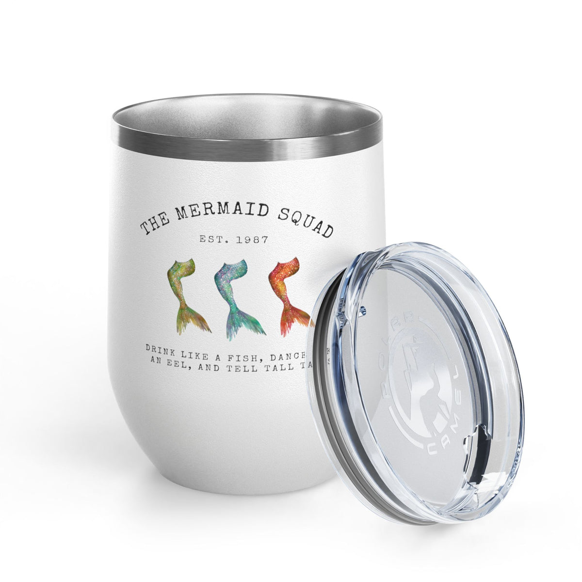 The Mermaid Squad 12oz wine tumbler in white, front view with lid removed