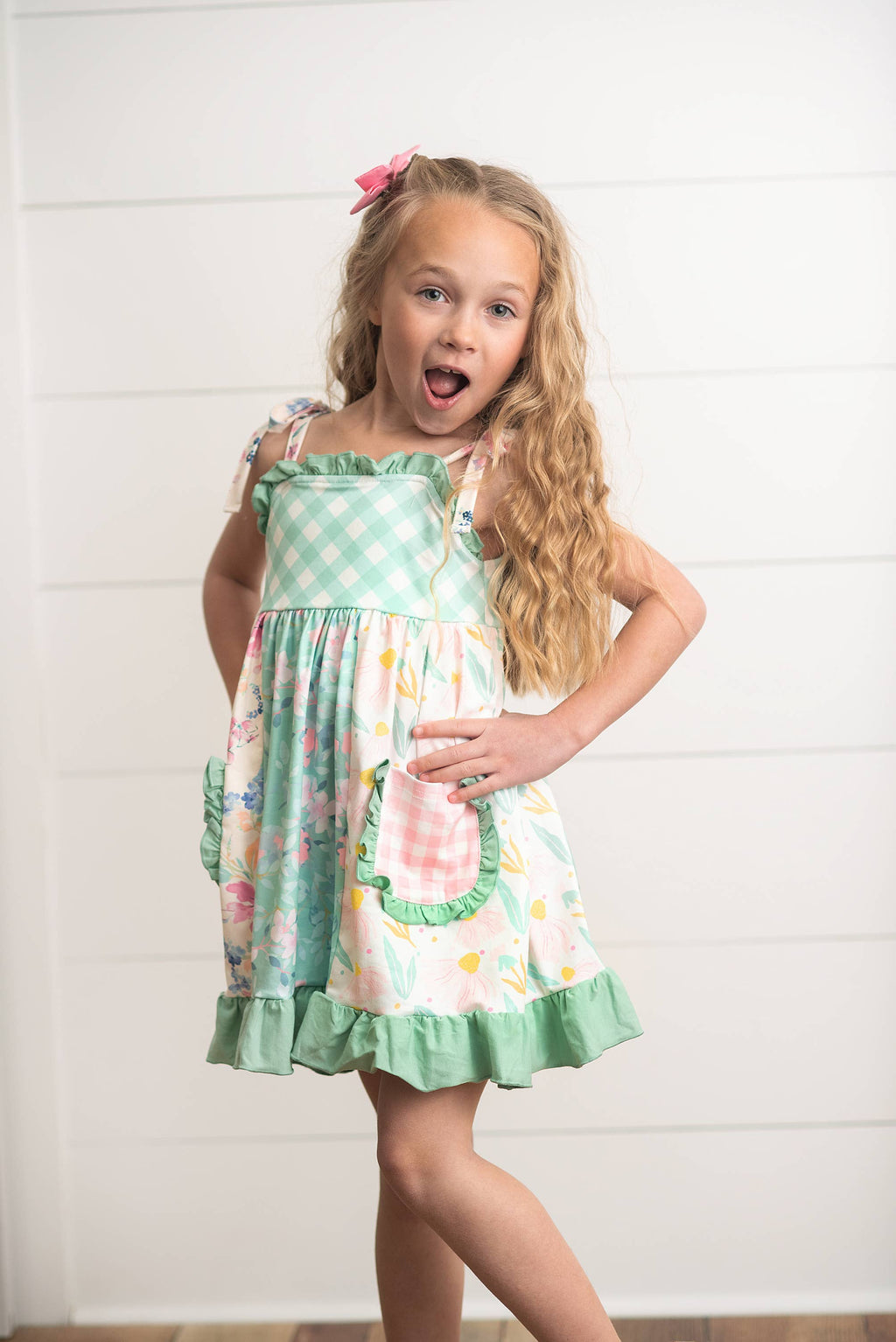 Girls' Mint Gingham Ruffle Pocket Dress - Lemonade Mermaid