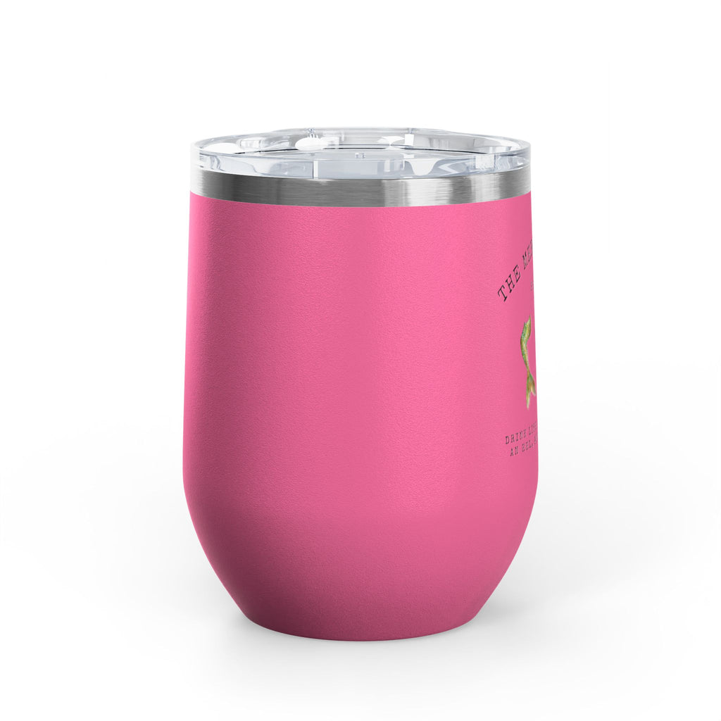 The Mermaid Squad 12oz wine tumbler in pink, side view, alternate angle