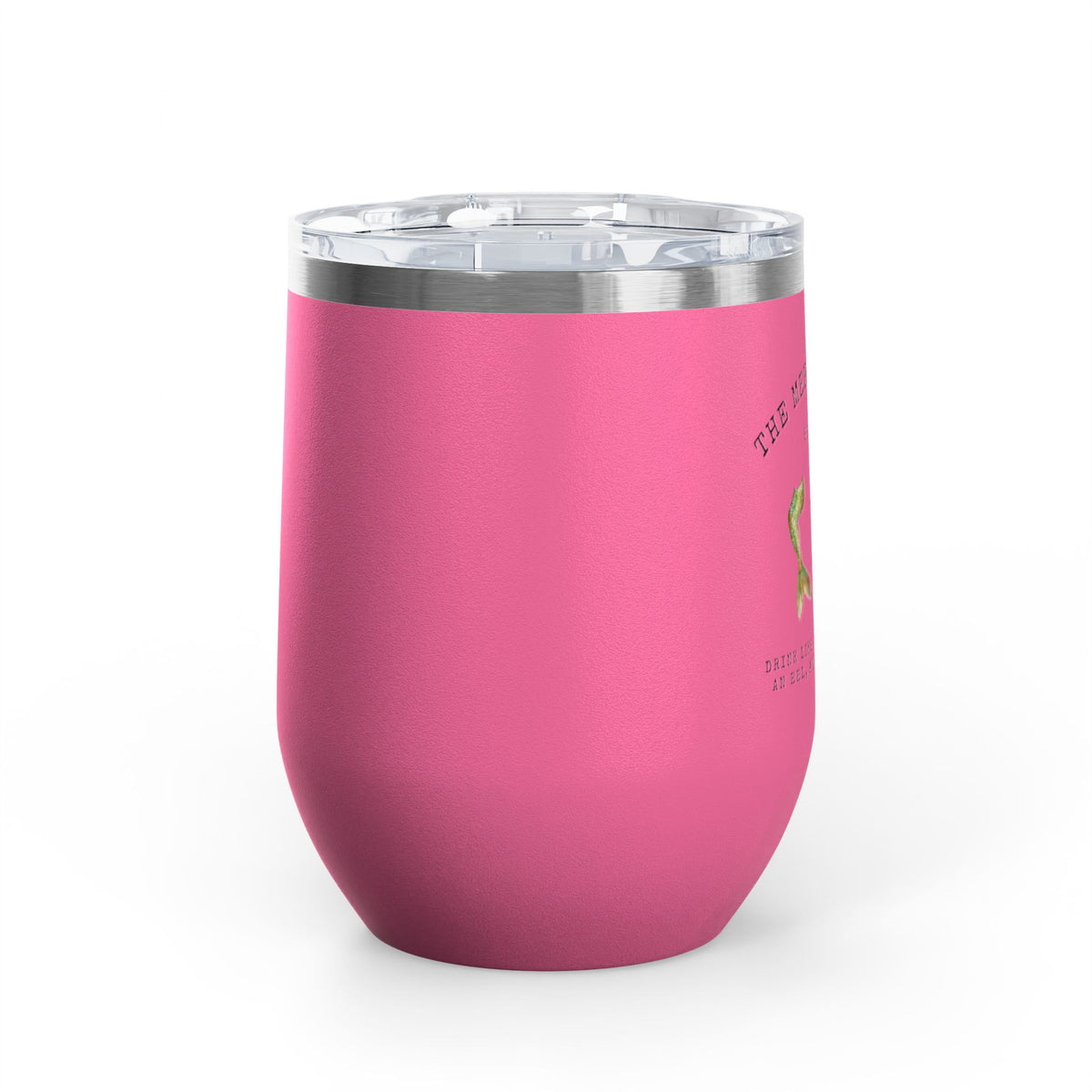 The Mermaid Squad 12oz wine tumbler in pink, side view, alternate angle