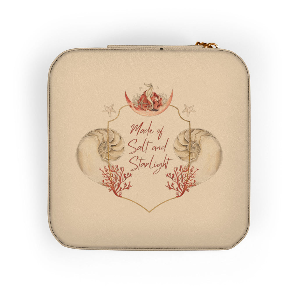 Salt & Starlight jewelry travel case in soft gold, front view with shell and coral design