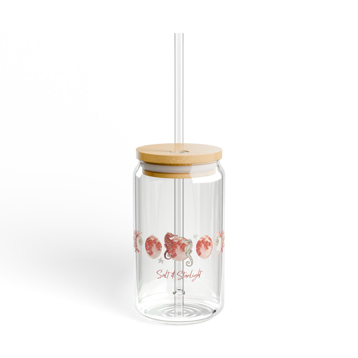 Salt & Starlight sipper glass, front view with red floral design