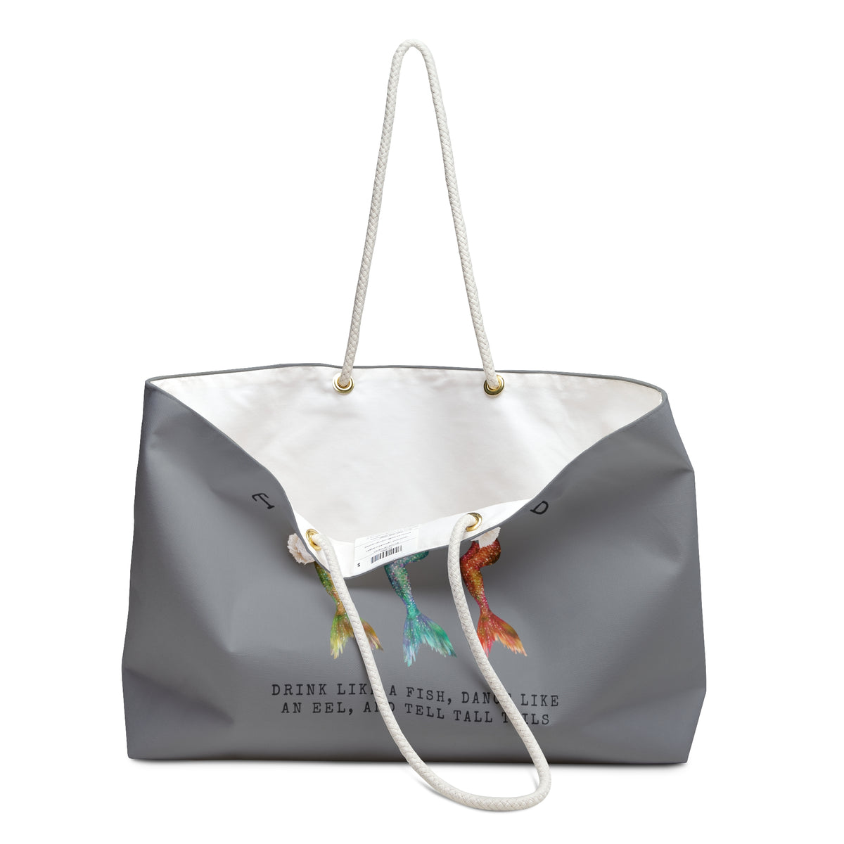 The Mermaid Squad oversized weekender bag in grey, open view showing cream lining