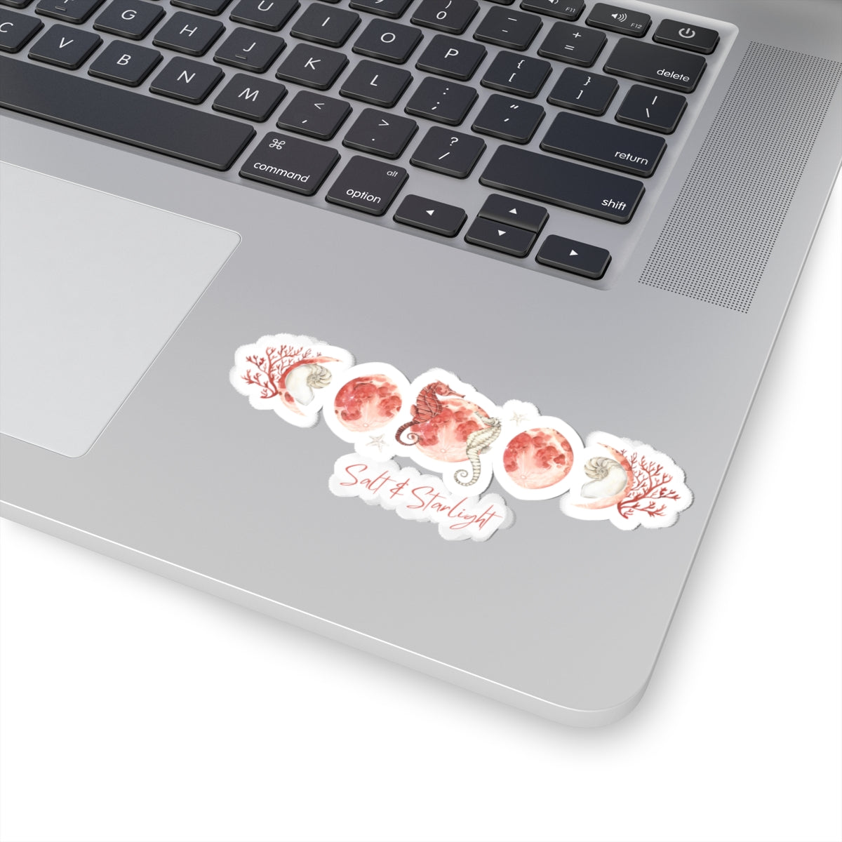 Salt & Starlight kiss-cut sticker with seahorse and coral moon phase design, shown on a laptop, alternate view