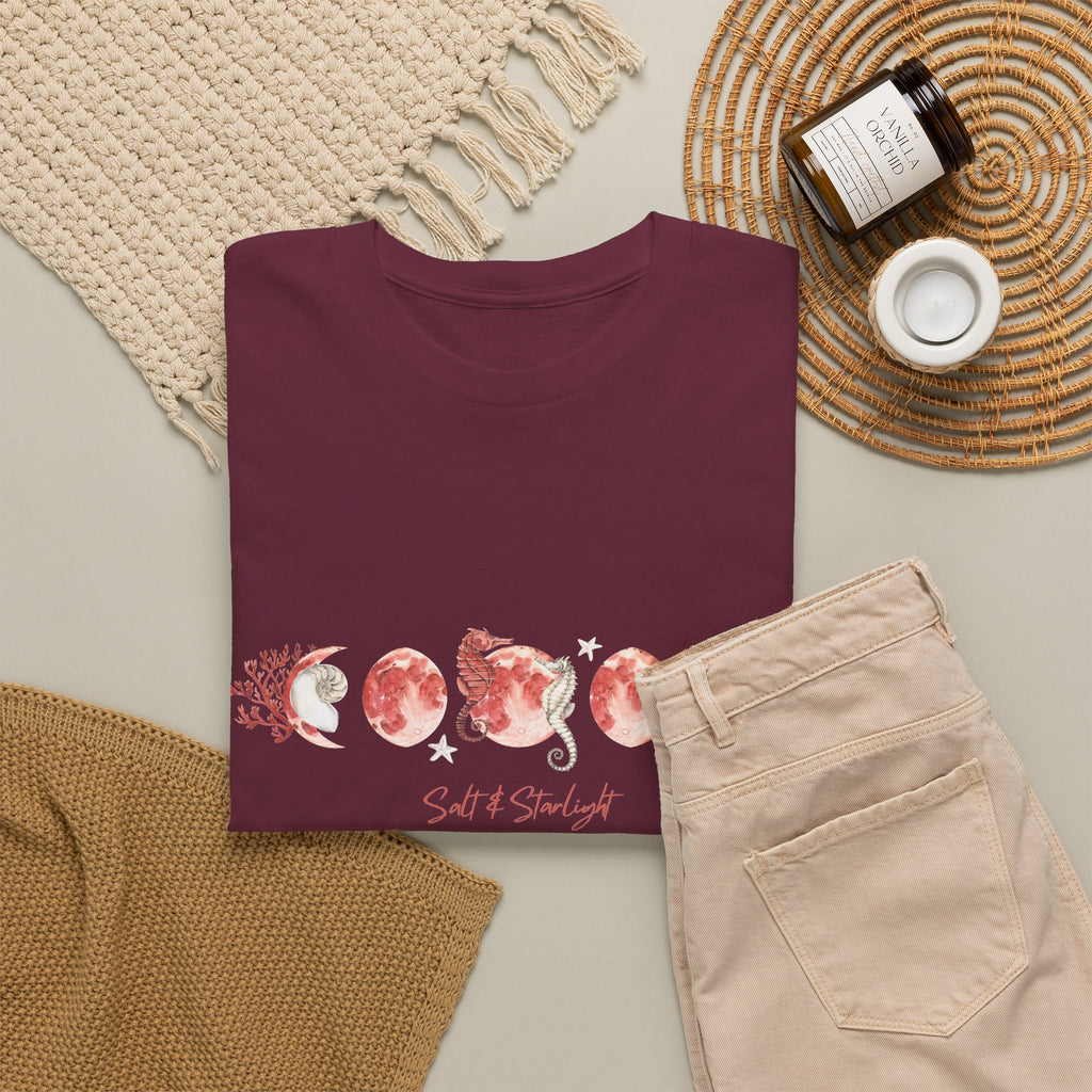 Salt & Starlight heavy cotton tee in maroon, folded flat lay view