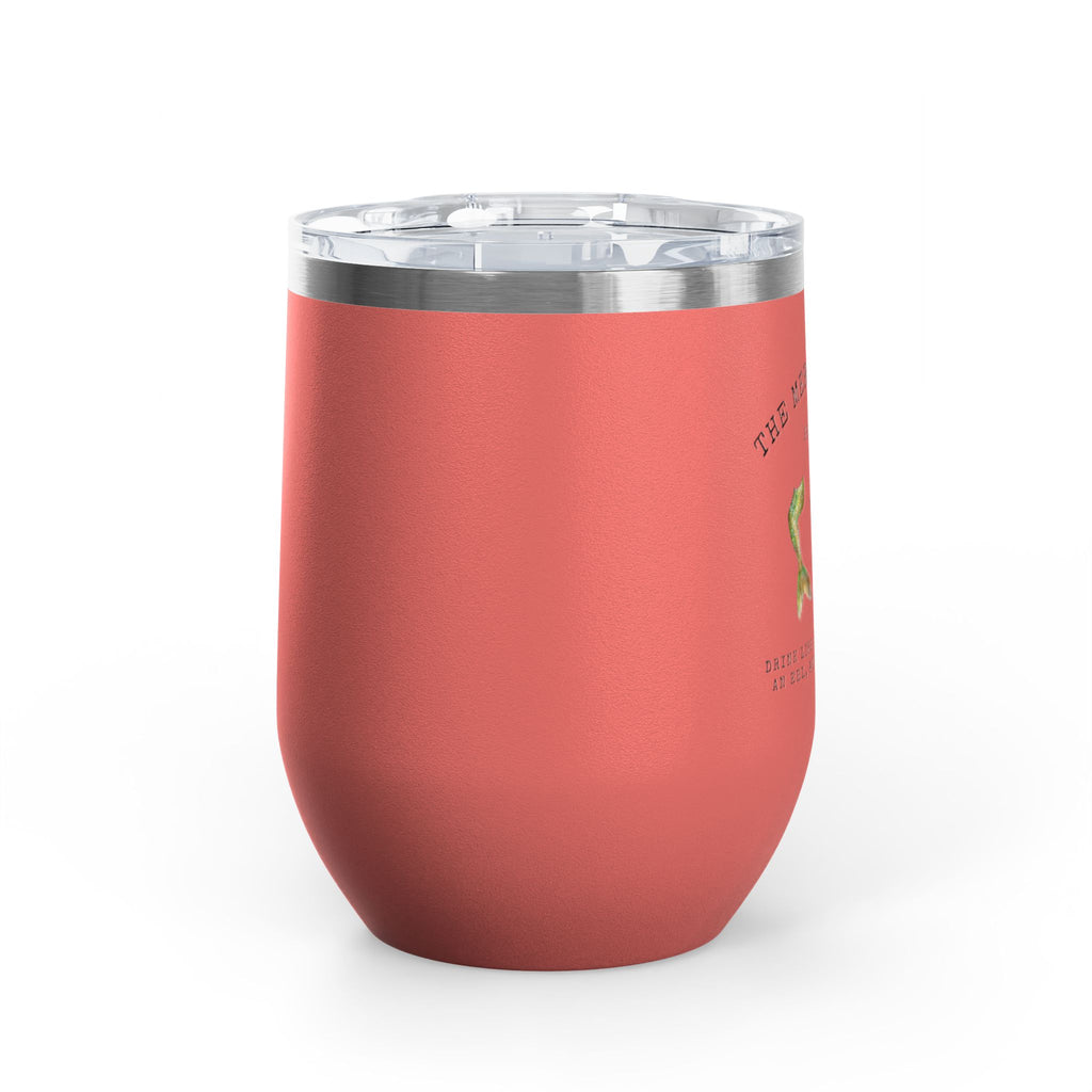 The Mermaid Squad 12oz wine tumbler in coral, side view, alternate angle