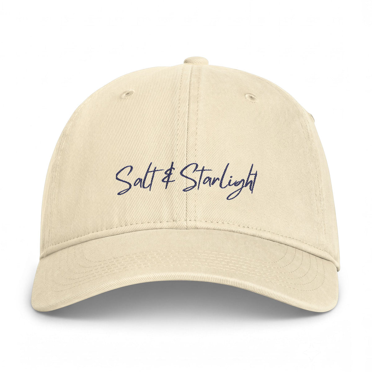 Salt & Starlight washed cap in ivory, front view with embroidered script