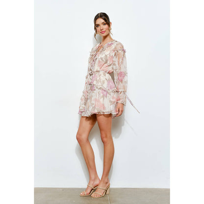 Cream Floral Print Frill Chiffon Wrap Mini Dress