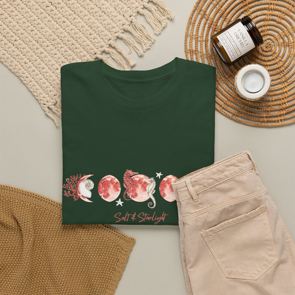 Salt & Starlight heavy cotton tee in forest green, folded flat lay view