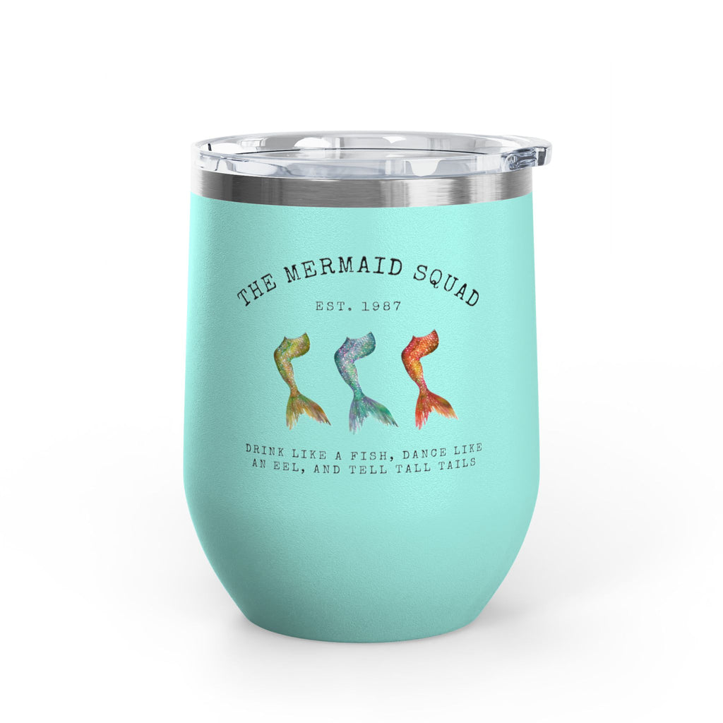 The Mermaid Squad 12oz wine tumbler in teal, front view
