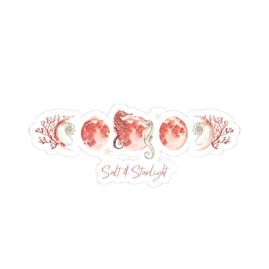 Salt & Starlight kiss-cut sticker with seahorse and coral moon phase design, front view
