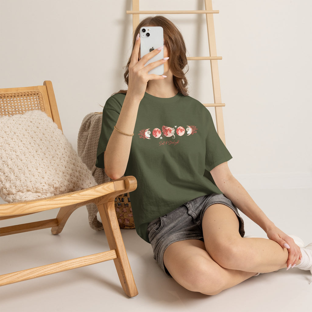 Salt & Starlight heavy cotton tee in military green, worn by a model
